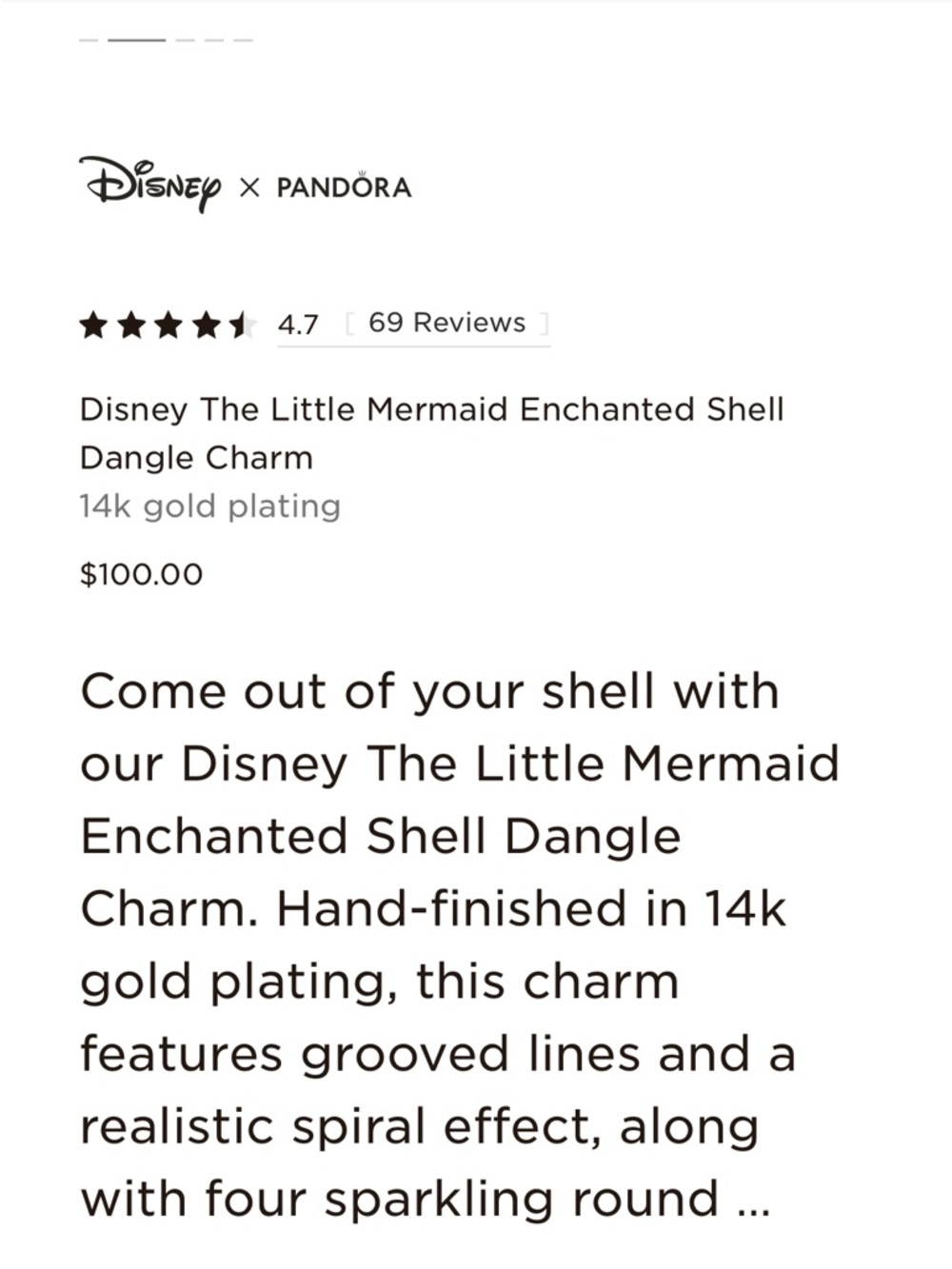 Authentic Pandora x Disney 14k Gold Plated Little Mermaid Charm - Picture 8 of 8
